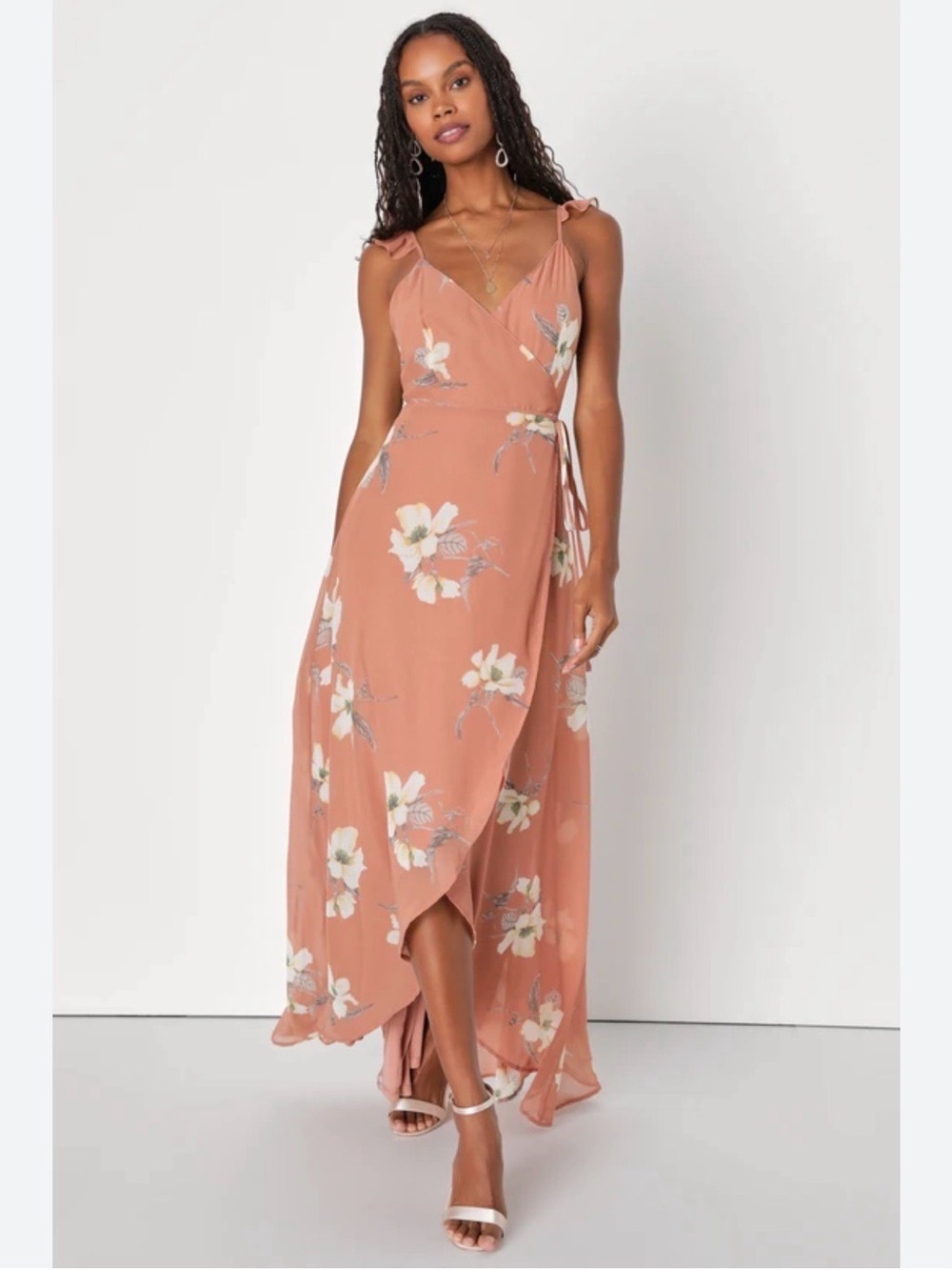 Lulus All Mine Rusty Rose Floral Print High Low Wrap Dress S Feminine Wedding